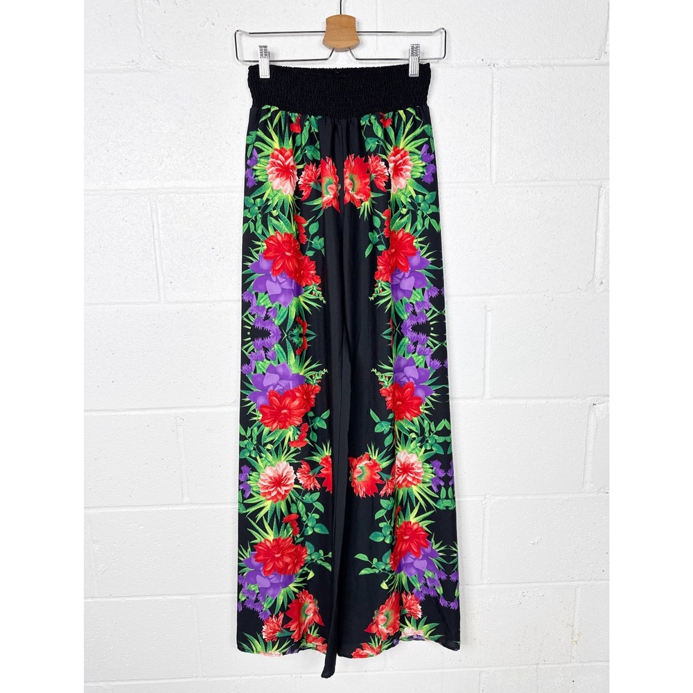 Vintage Y2K Arden B Wide Leg Pants Women Size Small Black Floral Tropical Print